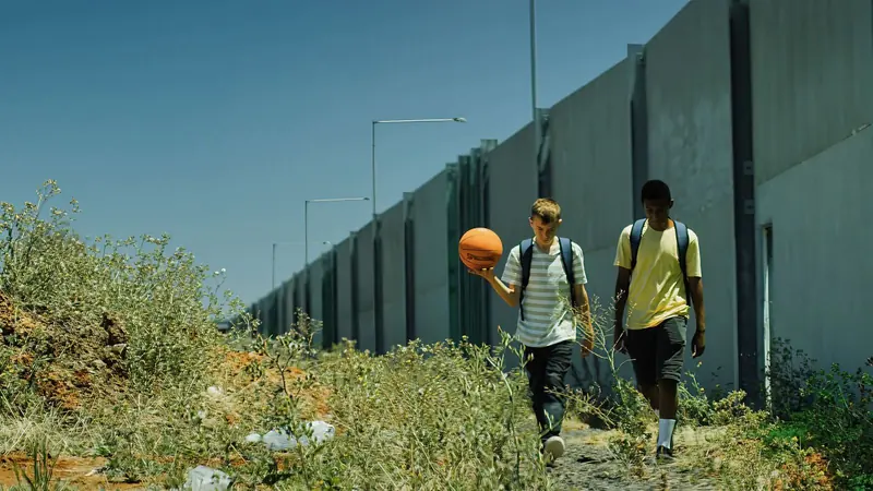 Tarneit: two boys with school bags and a basketball walk beside a sound wall through scrubby grass